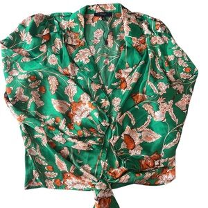 Floral Green Blouse with Tie Front